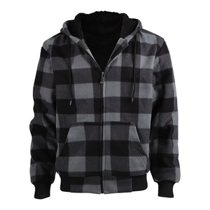 Sweat-shirt en flanelle à capuche à fermeture éclair, motif écossais noir et gris, coupe classique, décontracté, pour l'hiver, prix d'usine - Product Image 1