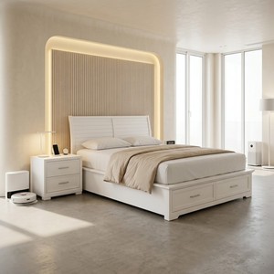 Modern Minimalist White Storage <b>Platform</b> <b>Bed</b> Queen Size Wooden <b>Bed</b> with Drawer <b>Base</b> and Matching Nightstands - Product Image 2