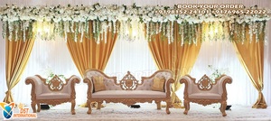 Conjunto de sofás para parejas musulmanas para la ceremonia Walima Nikah, en rosa y dorado, con sillas reales tipo trono para bodas, estilo suizo. - Product Image 4