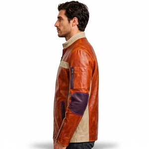 Veste de moto en cuir véritable pour homme Amkoor, coupe ajustée, col montant, fermeture éclair, blocs de couleur, veste de motard pour l'automne - Product Image 5