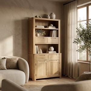 Modern Wooden Storage Cabinet with <b>Open</b> Shelves and Drawers Light Brown Beech Wood Bookcase Living Room Furniture - Product Image 1