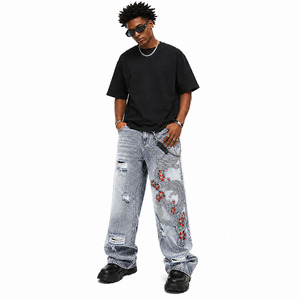 Men's Wide Leg Denim Jeans High Waist Distressed Embroidered Dragon Floral Pattern Loose Fit Chinese Style Streetwear <b>Pants</b> - Product Image 3