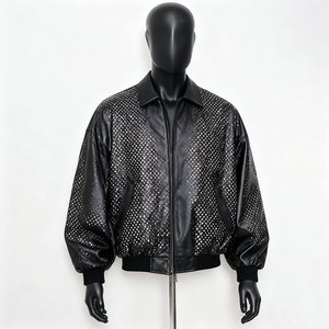 Blouson Bomber en Cuir PU pour Homme, Orné de Strass en Cristal, Col Montant, Fermeture Éclair, Style Urbain - Product Image 6
