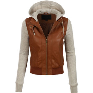 <b>Women</b> Faux Leather <b>Hooded</b> Bomber <b>Jacket</b> Full Sleeve Zip Closure Moto Windproof <b>Jacket</b> Solid Color Racer Bike <b>Jacket</b> - Product Image 1