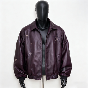 Men's Red PU Leather Bomber <b>Jacket</b> Turn-down Collar Zipper Closure Embossed <b>Star</b> Gear Pattern Casual Style Regular Length - Product Image 4