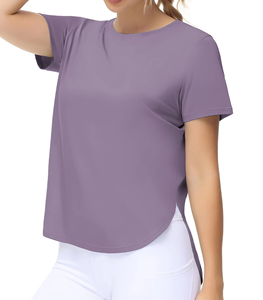 Camiseta de mujer de manga corta morado claro, corte holgado, con abertura lateral y dobladillo curvo, suave, para ropa deportiva, venta al por mayor OEM, ¡la más vendida! - Product Image 1