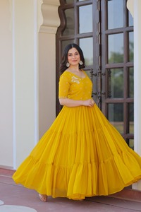 Exclusive Indian Wedding and Festival Wear Anarkali Fancy Faux Blooming Material Gowns with <b>Beads</b> Embroidery Work Dress - Product Image 3