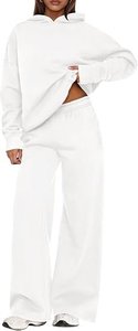 Women's <b>2</b> <b>Piece</b> <b>White</b> Hooded Sweatshirt <b>Set</b> Loose Fit Casual All Seasons Long Sleeve Pants Outfit Solid Color Knitted Cotton - Product Image 4