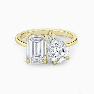 Anillo de Diamantes Cultivados en Laboratorio con Corte Esmeralda y Pera, Certificado, Doble Piedra, Claridad VVS1, Anillo de Regalo de Boda, Oro Amarillo de 14K - Product Image 1