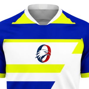 เสื้อฟุตบอลแขนสั้นสีน้ำเงินและสีเหลือง ดีไซน์ตัดกันโดดเด่น เหมาะสำหรับกีฬาทีมและการแข่งขัน - Product Image 4