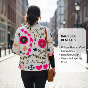 Chaqueta Artesanal Bordada con Flores, Tela de Algodón TNT, Bordado a Mano, Manga Larga, Bolsillos Laterales para Mujer, Estilo Boho Chic - Product Image 5