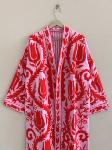 Chaqueta Kimono Suzani Bordada a Mano en Algodón, Abrigo Largo Tipo Duster, Kimono para Mujer, Bata de Dormir - Product Image 4