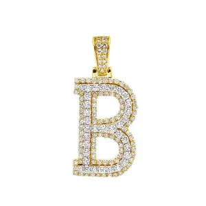 Pendentif initial B en moissanite, en argent sterling 925 plaqué or, style vintage, lettre B entièrement pavée, collier unisexe pour soirée - Product Image 2