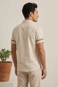 Chemise à manches courtes en popeline de coton beige pour homme avec motif brodé à la main, col rabattu, vêtement décontracté d'été, chemise respirante pour homme - Product Image 3