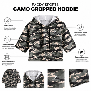 Sudadera con capucha corta de camuflaje para mujer al por mayor, de manga corta, estilo oversize, streetwear, con estampado de camuflaje, con logo personalizado - Product Image 5