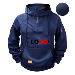 Men's Khaki Quarter Zip Hoodie With Front Logo Print Regular Fit Casual Breathable Polyester Sweatshirt Autumn Wear - Product Image 3