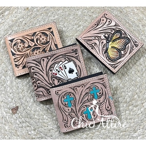 Vintage Men's Hand <b>Tooled</b> Genuine <b>Leather</b> Card Design Wallet Casual Fashion Style RFID Organizer Card Holder Open Short Wallets - Product Image 1
