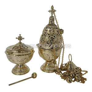Carved Brass Censer with Round Boat and Spoon | <b>Church</b> <b>Incense</b> Set - DOUBLE VEE EXPORTS - Product Image 2