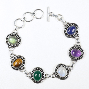 Wholesale Vintage Style Sterling Silver Plated Multi <b>Stone</b> Mixed Gemstone Oval Toggle Clasp Link <b>Bracelet</b> Bohemian Jewelry - Product Image 5