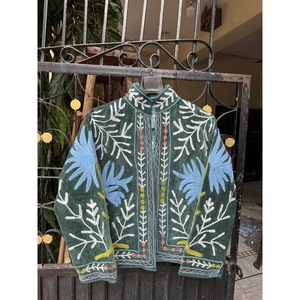 Veste bomber en velours écologique brodée à la main, col mandarin, manches longues, motif floral, courte, pour femme, automne, verte - Product Image 1