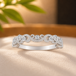 Anillo de media eternidad de moissanita para mujer, corte brillante redondo, banda floral con diamantes, chapado en oro blanco de 10K, anillo de boda para mujer - Product Image 1