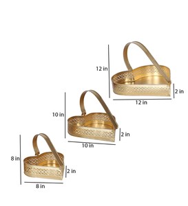 Panier de rangement en métal avec poignée, motif gravé, couleur or, style classique, à un seul niveau, pour la cuisine et le salon - Product Image 3