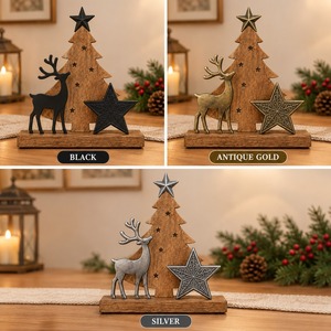 <b>Wooden</b> <b>Christmas</b> <b>Tree</b> Decor With Reindeer And Star Rustic Tabletop Ornament For Holiday Home Decoration - Product Image 5