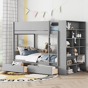 Letto a Castello Grigio con 2 Cassetti e Armadio Multilivello per Camere dei Bambini - Product Image 1