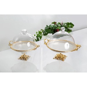 Elegant Gold <b>Cake</b> <b>Stand</b> Set With Glass Dome 2 Piece Round Display Tray For Dessert Serving - Product Image 2