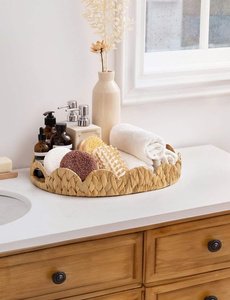 OEM ODM Scalloped Edge <b>Wicker</b> Serving Tray, Woven Rattan Table Trays with <b>Handle</b>, <b>Wicker</b> Tray, Water Hyacinth Tray for Ottoman - Product Image 1