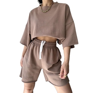 Women's 2025 <b>Summer</b> Casual Polyester Two-Piece Set Solid Color Half-Sleeved Neck Loose Rope Shorts Button Pattern <b>Decoration</b> - Product Image 1