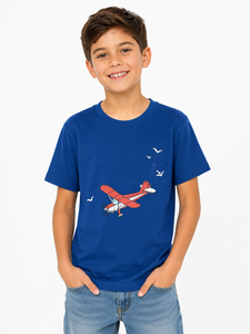 Camiseta con estampado de avión azul para niños, camiseta informal de algodón de media manga, camiseta estampada con estilo para niños, camiseta cómoda para uso diario, Top suave - Product Image 1