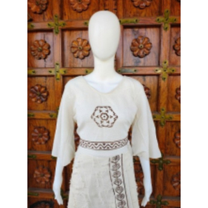 เสื้อผู้หญิงทันสมัย คอโอ แขนทรงระฆัง ผ้าฝ้ายทอ ผูกเอว พิมพ์ลายบล็อก แบบสั่งทำ - Product Image 1