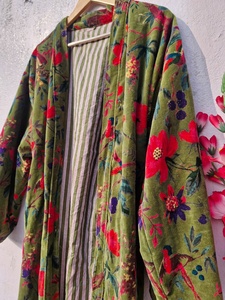 OFMD Green Bird Velvet Banyan Fabric Kimono Velvet <b>Robe</b> Long, Original OFMD break up <b>robe</b> Printed Kimono With Tassels - Product Image 4