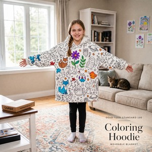 Coloring Hoodie <b>Wearable</b> <b>Blanket</b> Flannel Printed Cartoon Pattern Kids Adults Oversized Hooded Machine Washable - Product Image 1