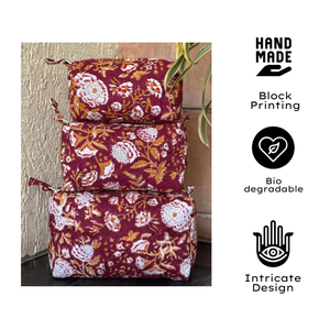 Jaipur Artisanal Sustainable Hand Block Printed Travel Pouch Set of 3 Quilted Cotton Waterproof Washable Durable Daily Use Gift - Product Image 1