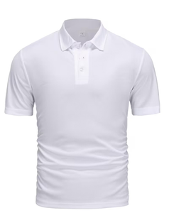 Men's White Short Sleeve for Shirt Solid Color Knitted Pique Fabric Breathable Smart Casual Fit Regular Length Button Design - Product Image 2