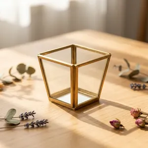 Square Glass <b>Lantern</b> votive With <b>Gold</b> Frame Reusable Home Decoration - Product Image 4
