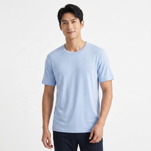 T-shirt pour homme bleu clair à manches courtes, col rond, coupe classique, jersey décontracté en coton respirant, couleur unie, tricoté - Product Image 4