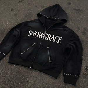 เสื้อฮู้ดซิป Snowgrace สีดำ พิมพ์ลายตัวอักษรประดับเพชร สไตล์สตรีทแวร์ เสื้อกันหนาวผู้ชาย ทรงปกติ - Product Image 6