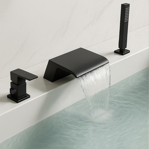 Rubinetto <span class=keywords><strong>per</strong></span> vasca a cascata moderno cromato nero opaco, montaggio su piano a 3 fori, con doccetta estraibile <span class=keywords><strong>per</strong></span> vasca e doccia - Product Image 2