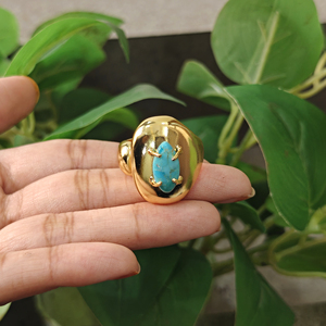 Natural Kingman Turquoise Gemstone Brass <b>Ring</b> Unique Trendy Punk Fashion Jewelry 18K Gold Plated Marquise Shape <b>Adjustable</b> <b>Ring</b> - Product Image 5