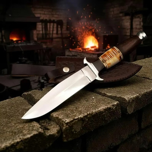 Couteau de chasse Bowie multifonctionnel forgé à la main, lame en acier Damas, manche en bois et os de chameau, pointe clip, outils de camping en plein air - Product Image 2