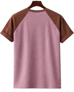 T-shirt en jersey raglan pour homme, col rond, manches courtes, rose et marron bicolore, décontracté, été, uni, tricoté, logo personnalisé - Product Image 2