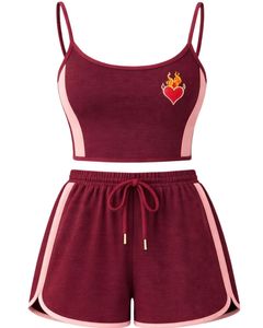 Wine Red Pink Women Camisole And Shorts <b>Set</b> Summer Two Piece Outfit Cotton Blend Crop Top Heart Print Drawstring Shorts Casual - Product Image 1