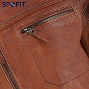 Chaqueta de Cuero Marrón para Hombre SPOFIT, Estilo Motero, Cuello Alto, Cierre de Cremallera, Corte Regular, para Otoño - Product Image 5