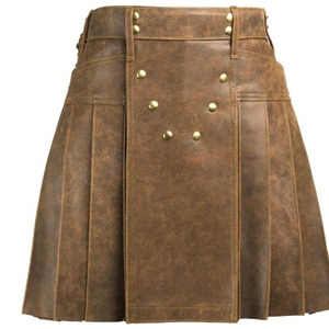 Mini-jupe plissée en cuir véritable pour femme avec taille ajustable et boutons sur le devant, couleur unie - Product Image 4