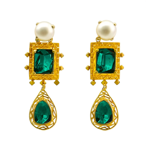 Emerald Cut Pearl Drop Earrings in Yellow Gold-Bohemian Religious Geometric Design - Product Image 2