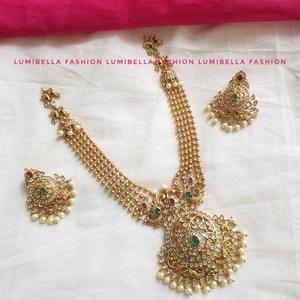 Golden Pearl Peacock Long Necklace Set-Fashion Jewelry - Product Image 3