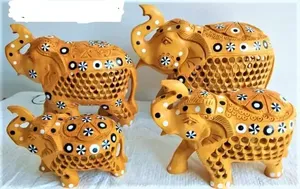 Handcrafted White Inlay Work Traditional Jali Carved Indian <b>Decorative</b> Statues Wooden <b>Elephant</b> Set of 4 with Black - Product Image 3